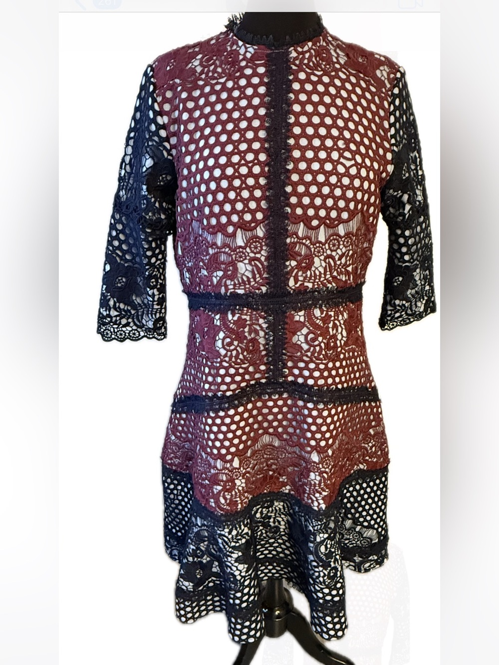 MIRI size 10 Lace Overlay Dress - Light Blue & Burgundy